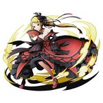  bare_shoulders blonde_hair breasts bridal_gauntlets brown_eyes cleavage collarbone divine_gate dress fan full_body grin hair_ornament hair_scrunchie high_heels holding holding_fan jewelry long_hair looking_at_viewer medium_breasts necklace official_art pantyhose ponytail priscilla_barielle re:zero_kara_hajimeru_isekai_seikatsu red_eyes red_footwear scrunchie shadow shoes smile solo strapless strapless_dress transparent_background ucmm very_long_hair 