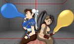  2girls balloons blush breasts brown_hair buttjob chun-li double_buttjob erect_nipples exhausted frustrated ibuki_(street_fighter) inflatable multiple_girls penis street_fighter thighs 