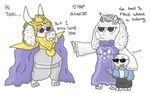  2016 anthro asgore_dreemurr caprine clothed clothing cute digital_media_(artwork) english_text eyewear female fully_clothed fur glasses goat group heathecliff horn hug humor male mammal monster sans_(undertale) short_haird smile standing text toony toriel undertale video_games white_fur 
