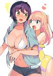  2girls :d absurdres aqua_eyes ass_visible_through_thighs bikini_top blush breasts casual_one-piece_swimsuit cleavage contrapposto copyright_request cowboy_shot eyebrows_visible_through_hair fang green_eyes heart highres hood hooded_jacket hug hug_from_behind jacket konbu_wakame large_breasts multiple_girls navel one-piece_swimsuit one_side_up open_clothes open_jacket open_mouth original pink_hair purple_eyes short_hair short_shorts shorts simple_background smile standing swimsuit white_background white_bikini_top white_swimsuit yuri 