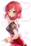  apron bad_id bad_pixiv_id blush chocolate chocolate_on_fingers finger_in_mouth happy_valentine heart looking_at_viewer love_live! love_live!_school_idol_project nishikino_maki purple_eyes red_hair short_hair solo spatula tsukigami_runa valentine 