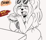  2017 bear bikini burger cahae clothing eating eyewear fangs female food hair line_art long_hair mammal noodle-lu open_mouth panda pandaren saliva slightly_chubby solo sunglasses swimsuit thick_bottom_lip video_games warcraft 