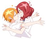  @_@ blue_bow blue_neckwear blush_stickers bow bowtie closed_eyes collared_shirt cropped_torso face-to-face hoshizora_rin hug looking_at_another love_live! love_live!_school_idol_project multiple_girls nishikino_maki orange_hair otonokizaka_school_uniform puckered_lips red_eyes school_uniform shirt short_hair short_sleeves simple_background star striped striped_bow striped_neckwear sweatdrop upper_body ushiki_yoshitaka wavy_mouth white_shirt yuri 