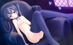  aruciii black_eyes black_hair breasts bug butterfly chair choker covering covering_breasts insect long_hair looking_at_viewer nude original purple_eyes revision ribbon_choker small_breasts solo thighhighs twintails 