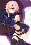  armor armored_dress backlighting bangs black_gloves black_legwear black_leotard blurry blurry_background blush breasts cleavage commentary_request elbow_gloves eyebrows_visible_through_hair fate/grand_order fate_(series) gloves hair_over_one_eye holding_shield large_breasts lavender_hair leotard looking_at_viewer mash_kyrielight muryotaro navel navel_cutout over-kneehighs parted_lips pink_hair purple_eyes purple_gloves shield short_hair smile solo thigh_strap thighhighs 