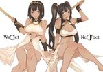  arm_support armlet bare_shoulders blush bracer breasts brown_eyes brown_hair cleavage cleavage_cutout collarbone covered_nipples dark_skin egyptian egyptian_clothes egyptian_mythology fingerless_gloves gloves groin hairband highres large_breasts long_hair looking_at_viewer multiple_girls navel nekhbet original polearm ricci short_hair sitting smile underwear uraeus wadjet weapon white_background 