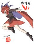  black_footwear black_shirt blue_bow boots bow cape character_name covered_mouth covering_mouth dated full_body hair_bow inuno_rakugaki long_sleeves looking_at_viewer outstretched_arm red_cape red_eyes red_hair red_skirt sekibanki shirt short_hair skirt solo touhou white_background 