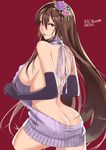  aran_sweater backless_outfit bare_back bare_shoulders breasts brown_hair butt_crack covered_nipples dress elbow_gloves flower gloves granblue_fantasy grey_sweater hair_between_eyes hair_flower hair_ornament halterneck highres large_breasts long_hair looking_at_viewer meme_attire naked_sweater no_bra no_panties purple_eyes red_background rosetta_(granblue_fantasy) sideboob simple_background solo surock sweater sweater_dress thighs tongue tongue_out turtleneck turtleneck_sweater virgin_killer_sweater 