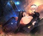  blue_eyes covered_navel feather-trimmed_sleeves gloves hairband high_heels leotard looking_at_viewer lying multicolored multicolored_clothes multicolored_gloves nier_(series) nier_automata no_blindfold on_back short_hair solo teddy_(khanshin) thighs white_hair white_leotard yorha_no._2_type_b 