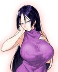 breasts covered_nipples fate/grand_order fate_(series) hand_on_own_cheek hand_on_own_chest large_breasts long_hair minamoto_no_raikou_(fate/grand_order) onsoku_maru sleeveless sleeveless_turtleneck solo sweater turtleneck turtleneck_sweater very_long_hair 