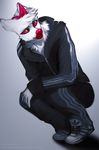  5_fingers angiewolf anthro canine clothed clothing fur male mammal red_eyes red_nose simple_background smile solo white_fur 