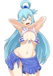  ^_^ ^o^ aqua_(konosuba) armpits bikini_top blue_hair breasts breasts_apart closed_eyes cropped_legs eyebrows_visible_through_hair facing_viewer hair_ornament happy hips kono_subarashii_sekai_ni_shukufuku_wo! large_breasts long_hair navel no_panties norakuro_nero open_mouth partially_visible_vulva sarong shiny shiny_skin shirt shirt_lift simple_background sleeveless sleeveless_shirt smile solo standing stomach string_bikini striped_bikini_top thighs underboob underwear undressing very_long_hair white_background white_shirt wide_hips 