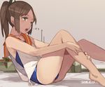  barefoot brown_eyes brown_hair dated highres i-401_(kantai_collection) kantai_collection leaning_back leg_hug open_mouth ponytail school_swimsuit school_uniform serafuku sidelocks sitting sketch solo swimsuit swimsuit_under_clothes toro_(konirio) translated 