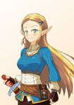  black_gloves blonde_hair fingerless_gloves gloves green_eyes hair_ornament hairclip jewelry long_hair necklace pointy_ears princess_zelda sheath sheathed smile solo the_legend_of_zelda the_legend_of_zelda:_breath_of_the_wild upper_body yuukilin 