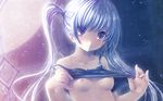  aruciii blue_eyes blush breasts camisole collarbone hair_ribbon holding light_particles long_hair medium_breasts moonlight navel nipples original revision ribbon shirt_lift silver_hair solo twintails 