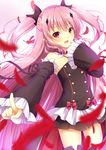  :d absurdly_long_hair black_dress boots bow choker detached_sleeves dress eyebrows_visible_through_hair fang floating_hair hair_bow hair_ornament highres hikariin25 index_finger_raised krul_tepes long_hair open_mouth owari_no_seraph pink_background pink_hair pointy_ears purple_footwear red_eyes short_dress sleeveless sleeveless_dress slit_pupils smile solo thighhighs very_long_hair 