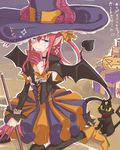  1girl blue_eyes blush cat choker detached_sleeves dress elizabeth_bathory_(halloween)_(fate) fate/extra_ccc fate/grand_order fate_(series) frills hat horns lancer_(fate/extra_ccc) long_hair pink_hair pointy_ears pumpkin ribbon shoes smile thighhighs weapon wings witch_hat 