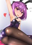  animal_ears arm_up armpits ass bare_shoulders blush bunny_ears bunnysuit detached_collar fake_animal_ears fate/grand_order fate_(series) helena_blavatsky_(fate/grand_order) highres leotard looking_at_viewer muoto pantyhose purple_eyes purple_hair short_hair smile solo 