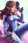  animal_print aqua_background arm_support bangs blizzard_(company) bodysuit bracer breasts brown_eyes brown_hair bubble_blowing bunny_print charm_(object) chewing_gum clothes_writing d.va_(overwatch) facepaint facial_mark finger_on_trigger gloves gun handgun headphones high_collar highres holding holding_gun holding_weapon leaning_back leg_up light_smile long_hair looking_at_viewer mecha medium_breasts meka_(overwatch) nose nuryfury one_eye_closed overwatch pilot_suit pink_lips pistol ribbed_bodysuit shoulder_pads sitting sitting_on_object skin_tight solo swept_bangs weapon whisker_markings white_gloves 