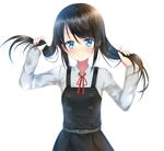  asashio_(kantai_collection) bangs belt black_hair blue_eyes blush bunching_hair commentary double-breasted dress hair_between_eyes hands_up holding holding_hair kantai_collection long_hair long_sleeves looking_at_viewer neck_ribbon pinafore_dress puririn red_ribbon remodel_(kantai_collection) ribbon school_uniform simple_background smile solo twintails white_background 