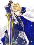  9tsumura ahoge armor arthur_pendragon_(fate) blonde_hair breastplate crown excalibur_(fate/prototype) fate/grand_order fate/prototype fate_(series) gauntlets green_eyes looking_at_viewer male_focus pauldrons solo sword weapon 