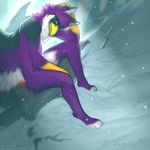  angiewolf anthro avian beak blue_eyes fur hybrid male nude purple_fur sitting solo yellow_beak 