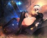  blindfold covered_navel gloves hairband high_heels leotard lying multicolored multicolored_clothes multicolored_gloves nier_(series) nier_automata on_back short_hair solo teddy_(khanshin) thighs white_hair white_leotard yorha_no._2_type_b 