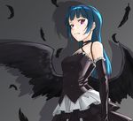  bangs black_background black_feathers black_wings blue_hair choker closed_mouth dress elbow_gloves expressionless feathers frilled_gloves frills frown gloves layered_dress long_hair looking_at_viewer lourie love_live! love_live!_sunshine!! purple_eyes shadow side_bun solo tsushima_yoshiko wings 