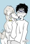  animalization black_hair blue-framed_eyewear dog eugenio2nd glasses jewelry katsuki_yuuri male_focus monochrome open_mouth ring smile spot_color tail_wagging viktor_nikiforov yuri!!!_on_ice 