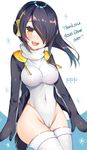  aozora_nan black_hair black_jacket brown_eyes cameltoe covered_navel cowboy_shot emperor_penguin_(kemono_friends) english hair_over_one_eye headphones highres jacket kemono_friends leotard long_hair looking_at_viewer multicolored_hair open_clothes open_jacket open_mouth solo thighhighs typo white_legwear white_leotard 