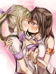  bang_dream! bare_shoulders blush bra bra_lift bracelet breast_press breasts brown_hair eye_contact french_kiss hair_ribbon hug ichigaya_arisa jewelry kiss large_breasts long_hair looking_at_another multiple_girls nipples open_clothes open_shirt purple_eyes ribbon shirt symmetrical_docking toyama_kasumi twintails underwear upper_body yohane yuri 