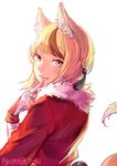  animal_ears artist_name back blonde_hair blush brown_hair fingerless_gloves fire_emblem fire_emblem_if fox_ears fox_tail fur_trim gloves kinu_(fire_emblem_if) multicolored_hair piano_(agneschen) simple_background solo tail two-tone_hair white_background yellow_eyes 