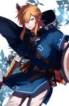  belt blue_cape blue_eyes cape earrings highres holding holding_sword holding_weapon hood hood_down jewelry light_brown_hair link long_hair male_focus parted_lips pointy_ears quiver shield sidelocks sideways_glance solo standing sword takechu the_legend_of_zelda the_legend_of_zelda:_breath_of_the_wild tunic weapon 