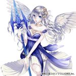  bare_shoulders beads blue_eyes bow breasts choco_holic cleavage commentary_request dress gem hair_beads hair_bow hair_ornament kaizoku_ookoku_koronbusu long_hair looking_at_viewer medium_breasts polearm scales silver_trim solo standing standing_on_one_leg trident watermark weapon white_bow white_hair white_scales white_skin white_wings wings wristband 