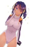  :t animal_ears ass_visible_through_thighs black_hair blue_eyes blush breasts commentary_request emperor_penguin_(kemono_friends) hair_over_one_eye headphones hood kemono_friends kibanda_gohan large_breasts leotard long_hair looking_at_viewer multicolored_hair simple_background solo sweat tears white_background white_leotard 