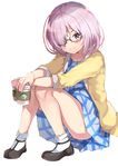  &gt;:) alternate_costume bangs blush brown-framed_eyewear brown_footwear cardigan casual closed_mouth coffee_cup commentary_request cup disposable_cup fate/grand_order fate_(series) full_body glasses hair_over_one_eye highres holding holding_cup knees_together_feet_apart lavender_hair looking_at_viewer mash_kyrielight mugcup open_cardigan open_clothes purple_eyes purple_hair semi-rimless_eyewear shoes short_hair simple_background sitting sleeves_past_elbows smile socks solo thighs under-rim_eyewear v-shaped_eyebrows white_background white_legwear 