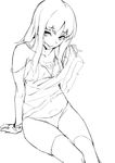  babydoll bangs breasts collarbone eyebrows_visible_through_hair greyscale lifted_by_self long_hair looking_at_viewer monochrome original over-kneehighs panties parted_bangs parted_lips ryuji_(ikeriu) simple_background sitting sketch small_breasts smile solo thighhighs underwear 