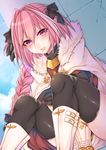  astolfo_(fate) blush braid fang fate/apocrypha fate_(series) hair_ribbon long_hair looking_at_viewer male_focus open_mouth otoko_no_ko panties pink_hair purple_eyes ribbon shisei_(kyuushoku_banchou) single_braid smile solo thighhighs underwear 