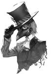 akechi_gorou black_gloves formal gloves greyscale hand_on_headwear hat highres male_focus mask monochrome nanaya_(daaijianglin) persona persona_5 plague_doctor_mask solo suit top_hat upper_body 