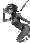  bodysuit breasts closed_mouth highres limited_palette looking_at_viewer mask nanaya_(daaijianglin) niijima_makoto persona persona_5 red_eyes short_hair simple_background sketch small_breasts solo spot_color 