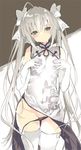  ahoge bare_shoulders black_panties breasts china_dress chinese_clothes commentary detached_sleeves dress elbow_gloves floral_print gloves groin hair_between_eyes hair_ribbon kasugano_sora long_hair looking_at_viewer panties partially_visible_vulva ribbon shimeji_(4_me_ji) side-tie_panties silver_dress silver_hair small_breasts solo thighhighs thighs twintails underwear very_long_hair white_legwear yellow_eyes yosuga_no_sora 