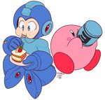  2014 blue_eyes cake capcom cute digital_media_(artwork) duo food fork kirby kirby_(series) mega_man_(character) mega_man_(series) nintendo simple_background sprite37 video_games waddling_head white_background 