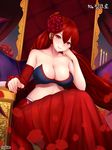  bandeau bare_shoulders blush breasts chin_rest cleavage closed_mouth collarbone commentary_request dungeon_and_fighter dutch_angle flower hair_between_eyes hair_flower hair_ornament knight_(dungeon_and_fighter) large_breasts long_hair long_skirt looking_at_viewer petals red_eyes red_flower red_hair red_rose rose rose_petals shaojiang skirt smile solo very_long_hair 