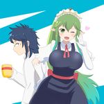  1girl breasts chi_no_maidragon chiki cup enlay fire_emblem gloves green_eyes green_hair kobayashi-san large_breasts long_hair looking_at_viewer maid maid_dress maid_headress monster_girl multicolored_hair open_mouth priam red_necktie skirt smile tooru_(maidragon) very_long_hair white_shirt 