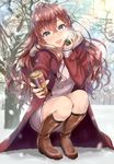  :3 blue_eyes blush boots brown_footwear brown_hair can can_to_cheek canned_coffee day fur_trim hair_between_eyes head_tilt highres ichinose_shiki idolmaster idolmaster_cinderella_girls jacket knee_boots long_hair looking_at_viewer open_mouth outstretched_hand sakamuke skirt snow snowing solo squatting wavy_hair 