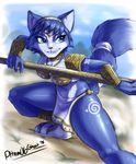  2015 action_pose anthro armor black_nose blue_body blue_eyes blue_fur blue_hair breasts canine cheek_tuft claws cleavage clothed clothing countershading crouching female footwear fox front_view fur gem grin hair hair_ornament headband hi_res holding_object holding_weapon jewelry krystal loincloth mammal markings necklace nintendo outside pauldron plantigrade pltnm06ghost sandals short_hair shoulder_pads signature smile solo staff star_fox tailband three-quarter_view toe_claws tribal tuft vambraces video_games weapon white_belly white_fur 