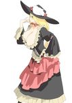  blonde_hair blush breasts cleavage darkness_(konosuba) frills from_side goshiki_suzu hand_on_hip hat highres huge_breasts kono_subarashii_sekai_ni_shukufuku_wo! long_hair neck_ruff profile simple_background solo sun_hat white_background wide_sleeves 