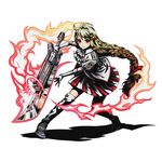  bedivere_(divine_gate) blonde_hair boots bow divine_gate full_body gunblade hair_bow holding holding_sword holding_weapon long_hair looking_at_viewer low-tied_long_hair official_art pleated_skirt red_bow red_eyes shadow skirt solo sword thigh_boots thighhighs transparent_background ucmm very_long_hair weapon 
