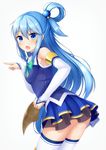  aqua_(konosuba) ass bangs blue_eyes blue_hair blush breasts commentary_request cowboy_shot detached_sleeves eyebrows_visible_through_hair from_behind from_side grey_background hair_between_eyes hair_ornament half_updo highres kono_subarashii_sekai_ni_shukufuku_wo! long_hair looking_at_viewer looking_back no_panties open_mouth pointing shirasawa_kazane simple_background skirt small_breasts solo thighhighs thighs 