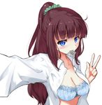  blue_bra blue_eyes blush bra breasts brown_hair cleavage collarbone collared_shirt condom condom_in_mouth dress_shirt hair_ornament hair_scrunchie long_hair looking_at_viewer medium_breasts mole mole_on_breast mouth_hold new_game! number open_clothes open_shirt outstretched_arms ponytail reaching_out revision rocha_(aloha_ro_cha) scrunchie self_shot shirt simple_background solo takimoto_hifumi underwear upper_body w white_background wing_collar 